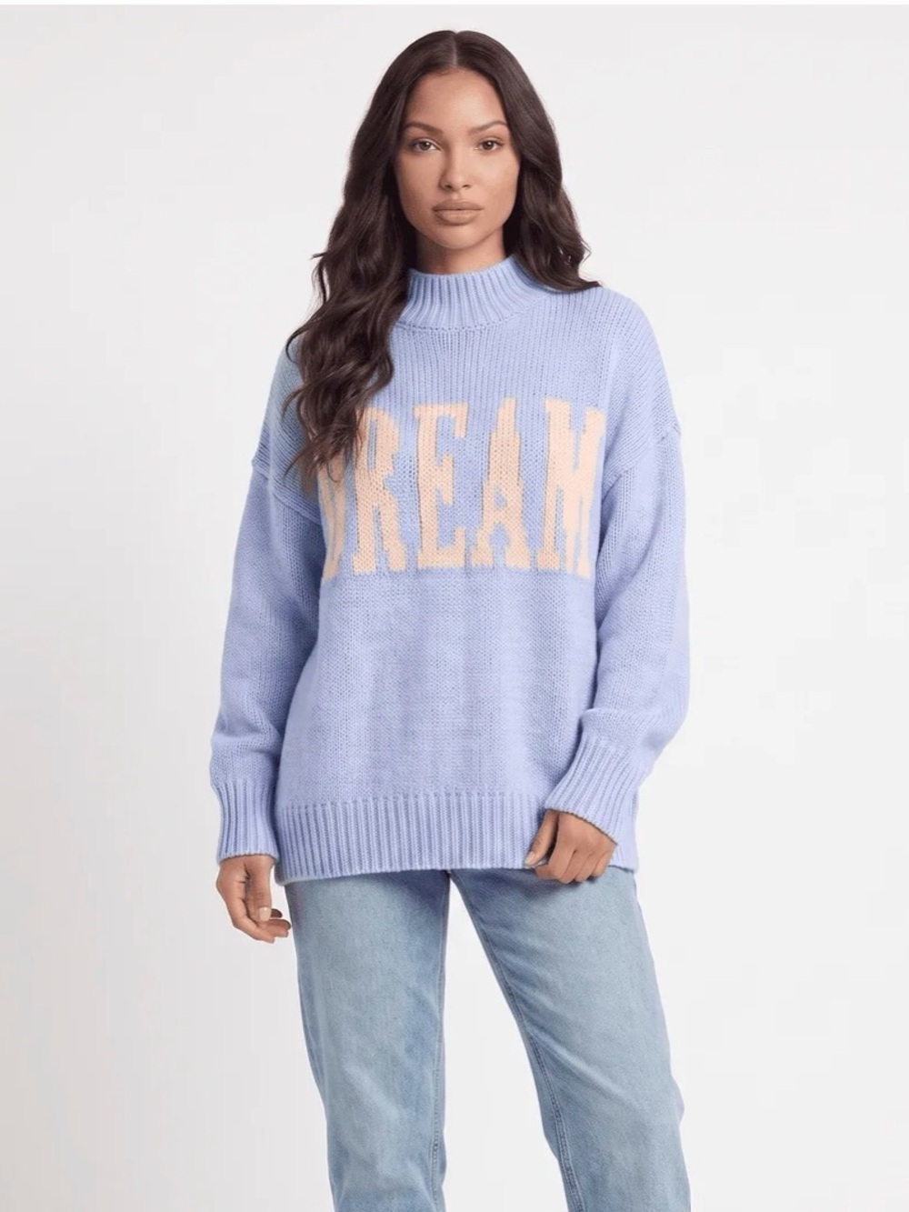 A562 ‘Dream’ Contrast-Word Cozy Knit Sky Blue Sweater